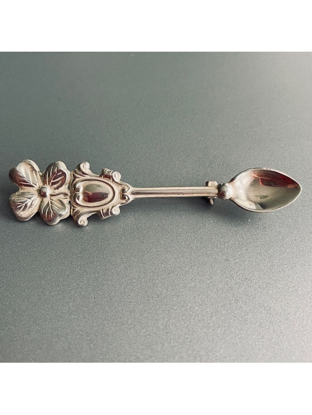 Lucky Four Leaf Clover Art Deco Spoon Antique Vtg Sterling Silver Pin Br… - Picture 4 of 7